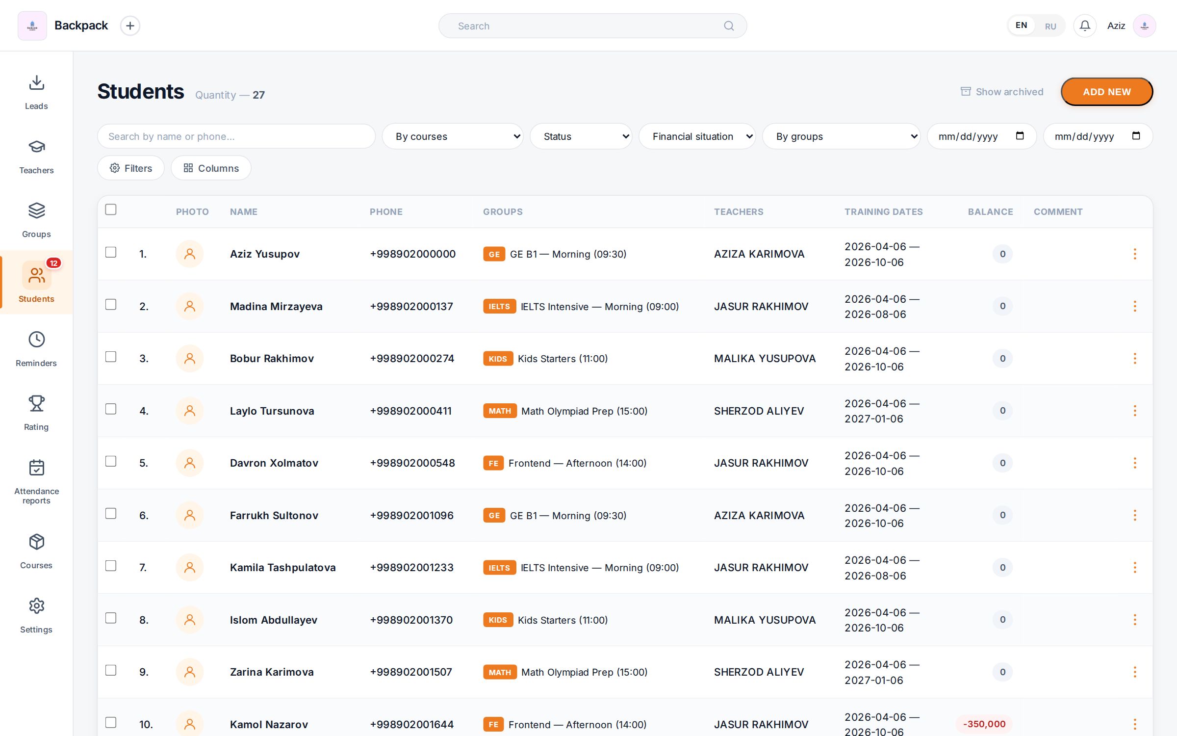 Students list with course badges, balances and filters